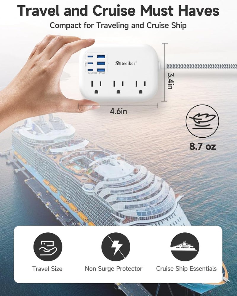 Beeiker 6 USB(3 USB C) Power Strip- Travel Power Strip with 6 USB Desktop Charging Station 24W/4.8A and 3 Outlets, 5Ft Flat Plug Braided Extension Cord, Non Surge Protector for Cruise Ship Travel Office Dorm - Image 4
